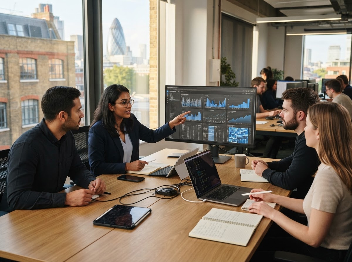 4xBlue analyst reviewing AI-generated market data from a remote work setting